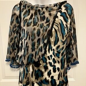 NWT Anac By Kimi Sz Large Art to Wear Mesh Top Black Green Animal Print Shirt